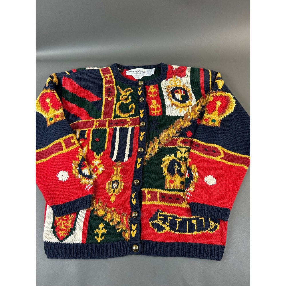 Vintage The Eagles Eye Hand Knit Royal Crest Cardigan Sweater 1991 Large Red